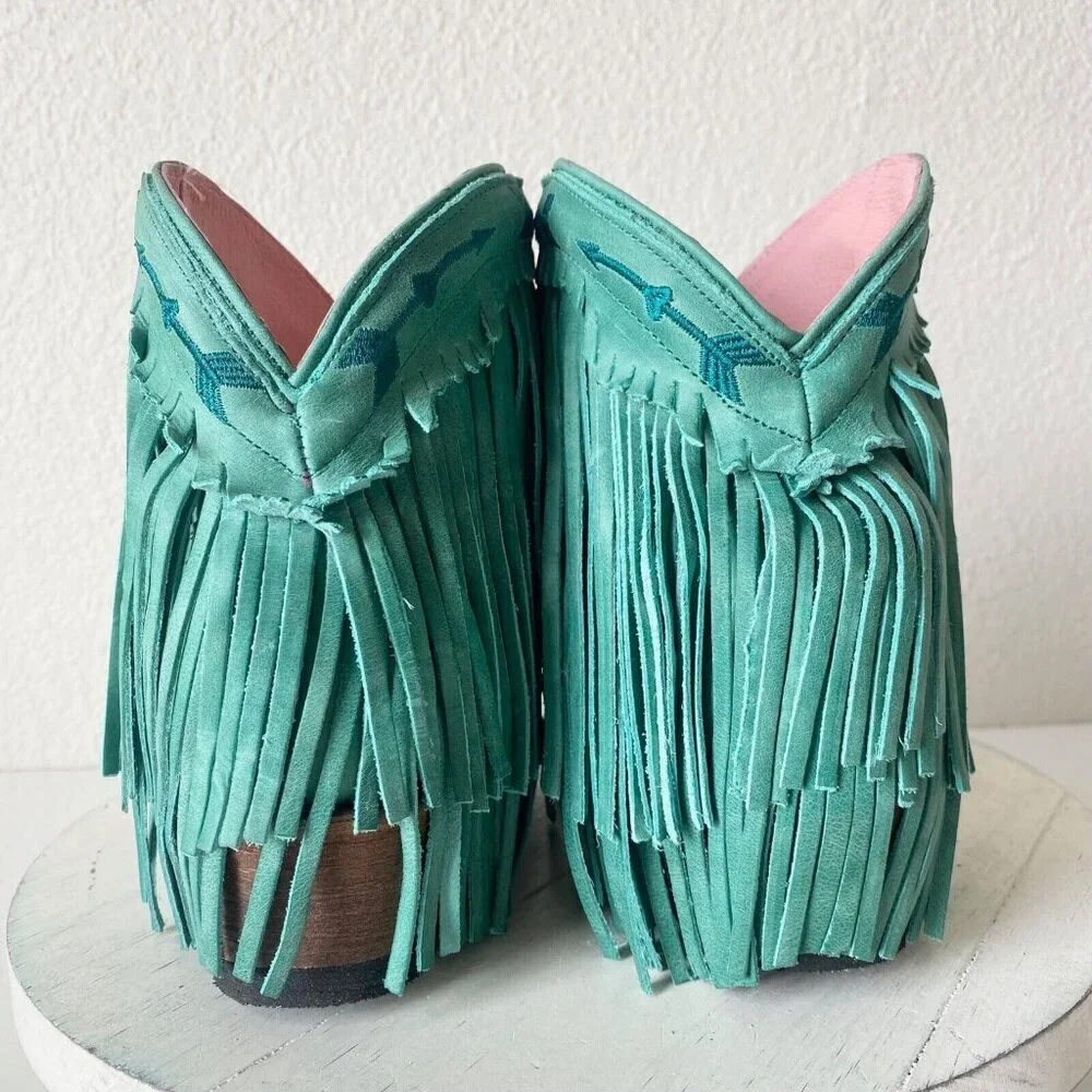 Lane Junk Gypsy Spitfire Fringe Cowboy Boots Turquoise Short Ankle Booties 5 New